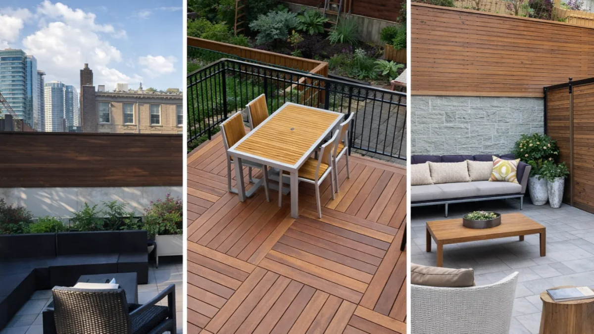 Three outdoor spaces showing rooftop living, terrace decking and a paved patio